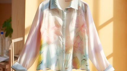 Capture a close-up of a pastel-colored, lightweight spring shirt fluttering in a gentle breeze.