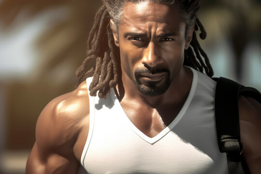 Close-up portrait of a healthy, fit, and muscular middle-aged African-American man with long hair. Isolated, copy space.