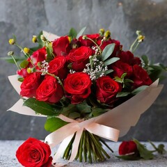 A big beautiful bouquet of red roses on the table.