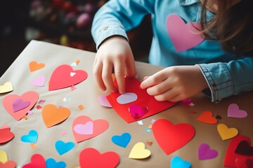 Close-ups of kids creating art or craft pieces with messages of love or kindness, highlighting their creativity, with copy space