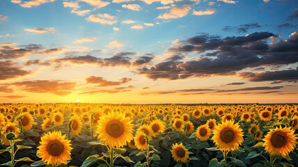 field of flowering sunflowers on a sunset background