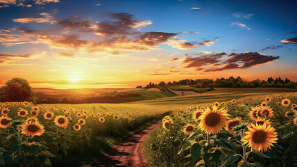 Beautiful sunset over the sunflower fields - obrazy, fototapety, plakaty