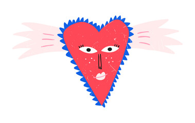 Quirky hand drawn heart with face and wings, cartoon flat vector illustration isolated on white background. Cute naive style drawing with grunge texture. Concepts of love and Valentines day.