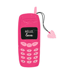 Old button mobile phone, cartoon flat vector illustration with grunge texture, isolated on white background. Retro y2k phone. Pink mobile device, Symbol of love and Valentines day.