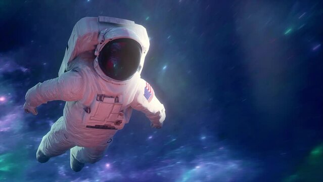 Astronaut Adrift through open space. Starfield exploration themed 3d animation
