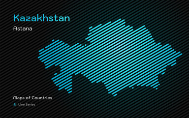 Creative Blue Map of Kazakhstan, Qazaqstan, in gold sloping lines Pattern with Capital of Astana