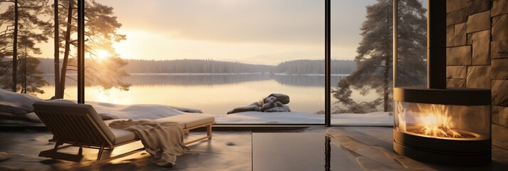 Modern interior with panoramic windows overlooking a serene snowy landscape, a tranquil lake, and a...