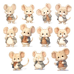 
Set of cute, anthropomorphic mice in various poses, clad in cozy, vintage-style clothing. Each mouse exudes a distinct personality, charming for children's book illustrations