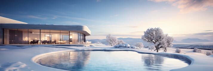 Modern luxury house with large windows, terrace, and outdoor pool, surrounded by a snowy winter landscape at dawn or dusk - obrazy, fototapety, plakaty