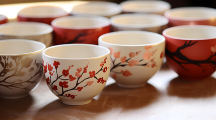 Collection of Decorative Bowls with Floral Designs on Wooden Surface