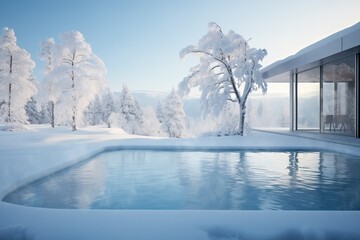 Modern infinity pool overlooking a tranquil snow-covered forest landscape with serene frosty trees and clear blue skies
