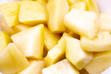 Guava, chopped pieces. Guava fruit in a cup on the table.