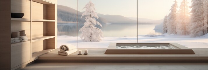 Minimalist wooden spa interior with large windows overlooking a serene snowy landscape with a...