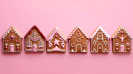 Decorated Gingerbread Houses on Pink Background Festive Holiday Treats