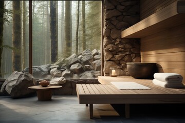 A tranquil and luxurious wooden sauna room with large windows overlooking a peaceful forest, stone decor, and a minimalist setting