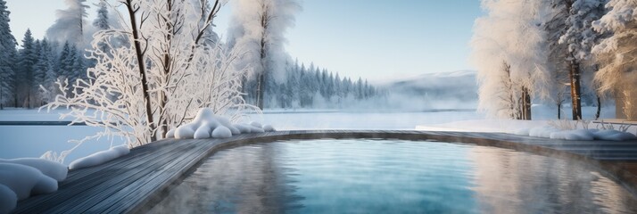 A serene winter landscape featuring snow-covered trees, a wooden dock, and a tranquil, steaming hot spring against a backdrop of misty mountains
