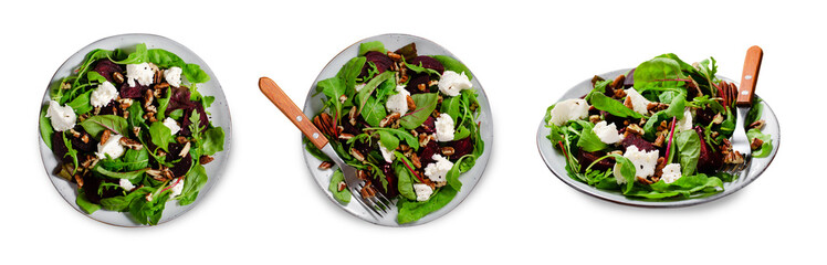 Fresh Salad with Beetroot, Feta Cheese, and Pecans, Healthy Vegetarian Meal on White Background