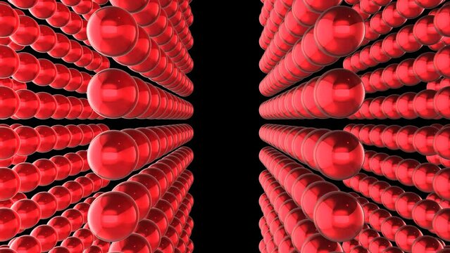 red and white background. rows of red balls