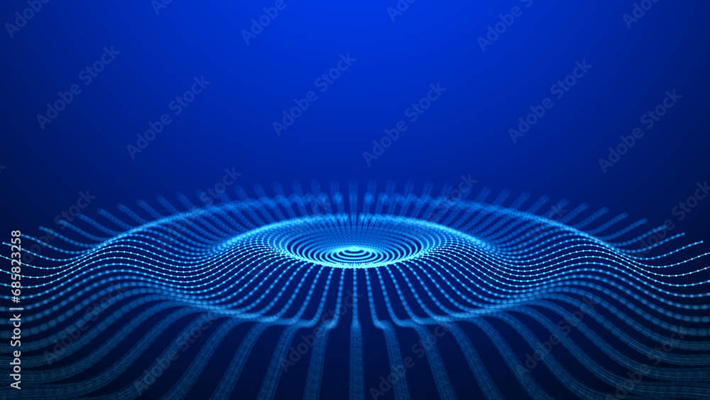 Poster sphere with moving information particles. global communication technology. 3d rendering.
