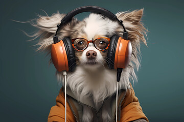 shaggy dog with headphones and glasses