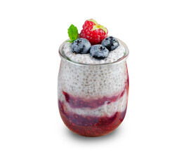 Healthy Chia Pudding in a Glass with Raspberry Jam and Fresh Berries