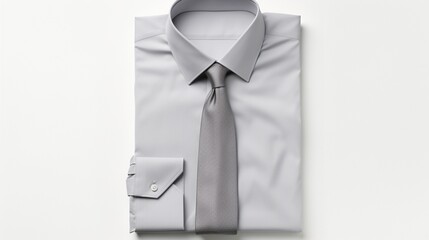 Design a photo of a classic gray dress shirt, radiating professionalism and sophistication on a pure white backdrop.