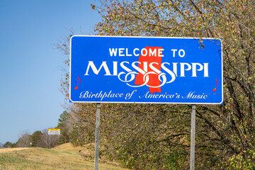 Welcome to Mississippi, Birthplace of America's Music - roadsign at state border with Alabama in...