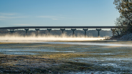 Natchez National Parkway - bridge over Tennessee River from Tennessee to Alabama, foggy November...