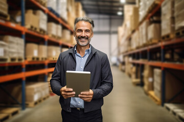Warehouse Manager at Work, Happy Male Factory Manager Using Digital Tablet, Generative AI Illustration