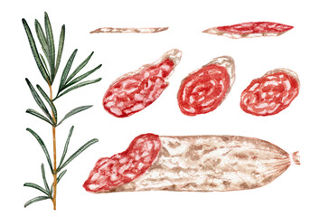 Rosemary branch and slices of Spanish sausage fuet with white mold. Clipart. Watercolor, hand drawn art illustration isolated. For cards, handmade textiles, prints, menus, posters. - obrazy, fototapety, plakaty