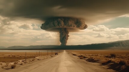 Fototapeta na wymiar Vintage photo of an explosion on a road in the desert. Nuclear explosion. Atomic Bomb. World War 3 Concept.