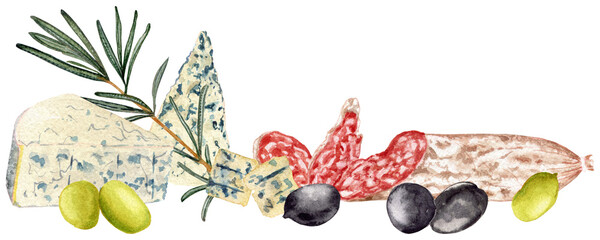 Various olives. Rosemary branch. Slices of sausage fuet with white mold. Varieties blue cheese. Clipart. Watercolor, art illustration isolated. For cards, menus, posters.