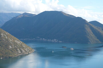 Boka Kotor Bay in Montenegro against the backdrop of mountains, top view