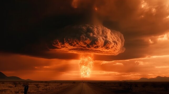 Big explosion in the desert. Dramatic sunset over the road. Nuclear explosion. Atomic Bomb. World War 3 Concept.