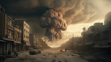 Conceptual image of a large cloud of smoke rising from the ground. Nuclear explosion. Atomic Bomb. World War 3 Concept. - obrazy, fototapety, plakaty