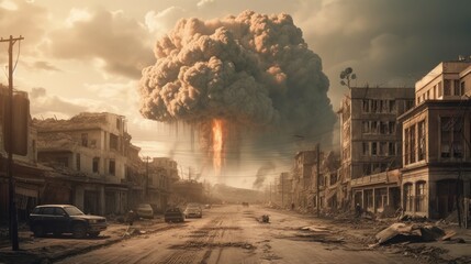 3D illustration of a big blast in the middle of the city. Nuclear explosion. Atomic Bomb. World War 3 Concept.