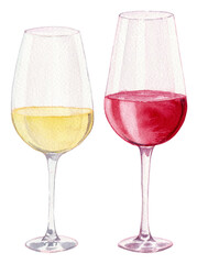 Two glasses with white and red wine. Clipart. Watercolor, hand drawn art illustration isolated. For cards, handmade textiles, prints, menus, posters.