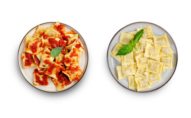 Tasty Appetizing Ravioli with Tomato Sauce, Cheese and Basil on a Plate