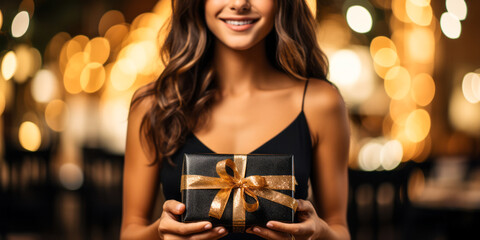 Elegant black gift box with gold ribbon held by woman in a black dress against a festive bokeh background, symbolizing celebration and special occasions