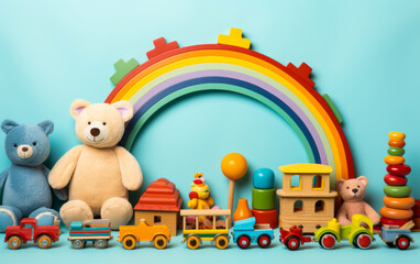 Obraz premium Colorful assortment of children's toys on a light blue background, including teddy bears, a wooden train, and a rainbow, depicting a playful and creative childhood space