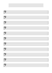 Blank music score sheet template to write music (F Clef). Printable A4 format in portrait mode with a song title and artist name block at the top