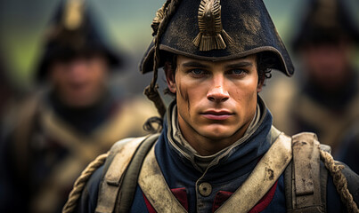 Solemn soldier in historical military uniform with regiment insignia, representing a young infantryman from the era of muskets and line battles