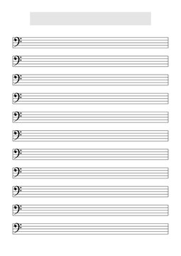 Blank music score sheet template to write music (F Clef). Printable A4 format in portrait mode with a song title and artist name block at the top