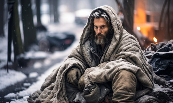 Homeless man wrapped in tattered blankets sitting by a snowy street, embodying the harsh reality of urban poverty and neglect in winter