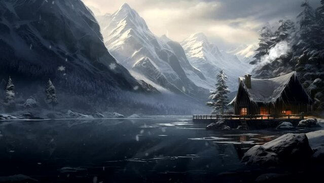 Wooden house on a mountain lake. Animated clouds, smoke and snow. Loop video 1 minute. 2k