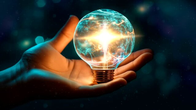 A hand holding a glowing light bulb. Animated light bulb interior, energy. Loop video 1 minute. 2k