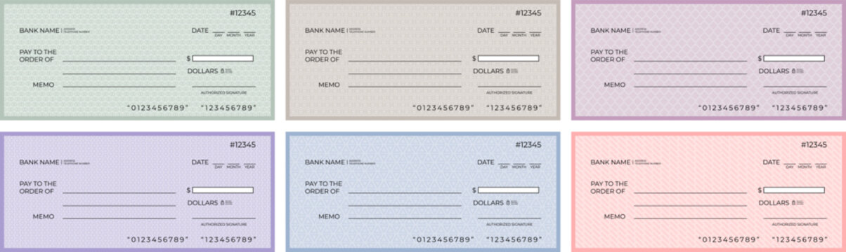 Blank editable bank cheque and checkbook cheque template design set 