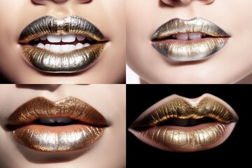 Obraz premium Woman Lips Closeup, Golden Lipstick, Gold Makeup, Beautiful Mouth Make-Up, Model Girl Lip