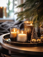 Cozy winter home decor arrangement with burning candles, holiday room interior decorations in black...