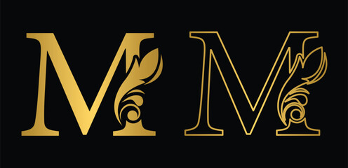 letter M golden. flower letters. Vintage ornament initial Alphabet. Logo vector	